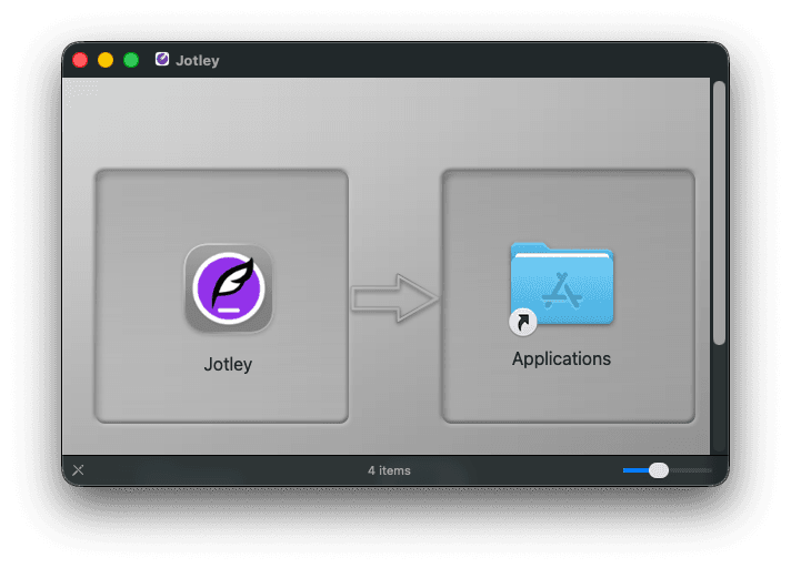 Jotley DMG content window and drag to Applications